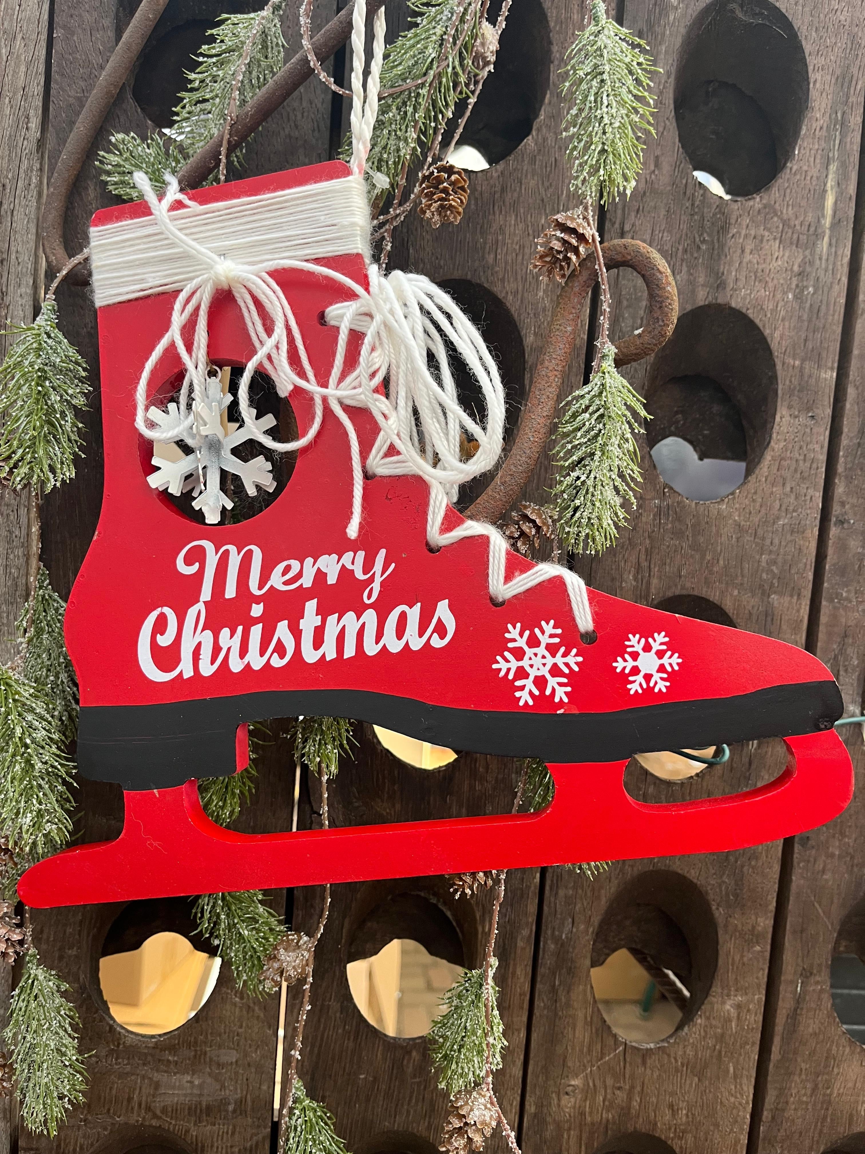 Rode schaats met tekst merry christmas - Brocante bij Ingie