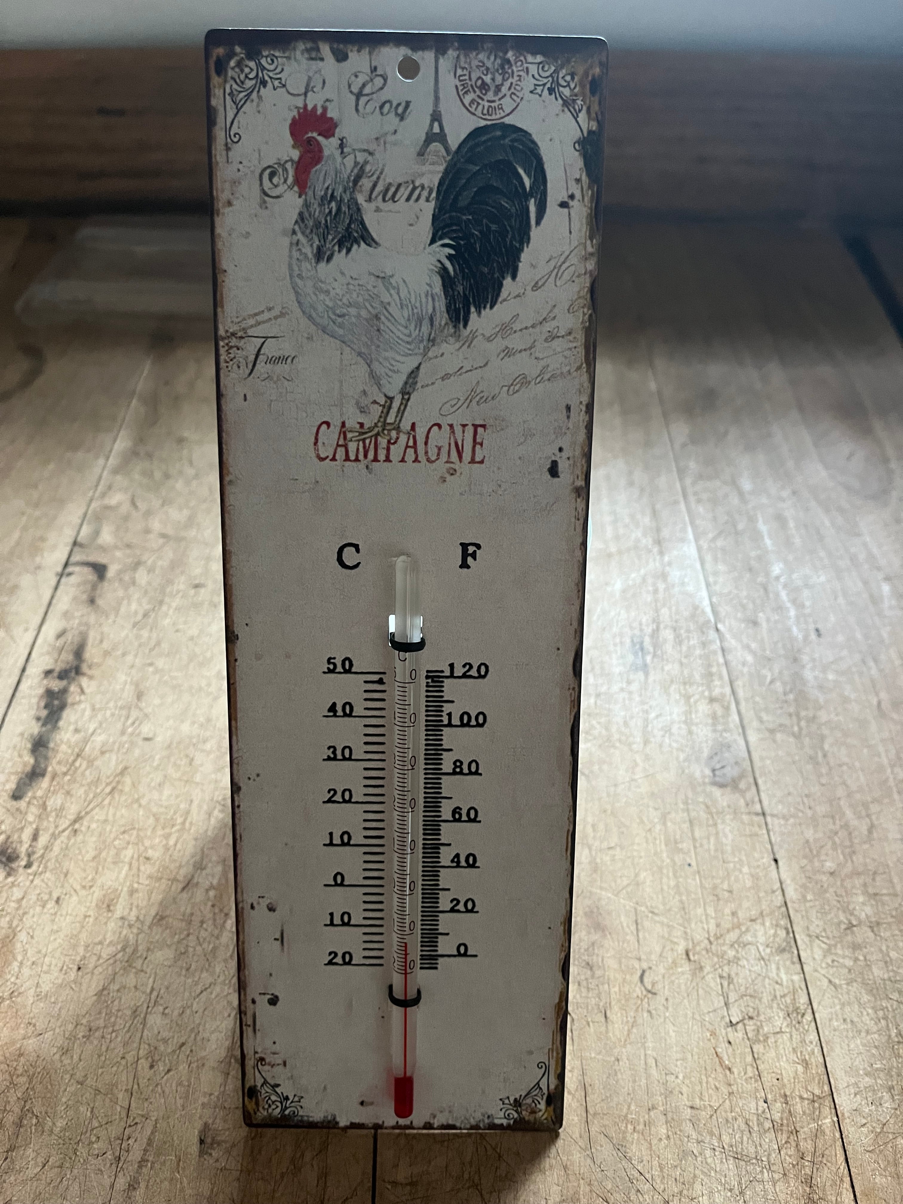 Thermometer metaal ; haan Campagne - Brocante bij Ingie