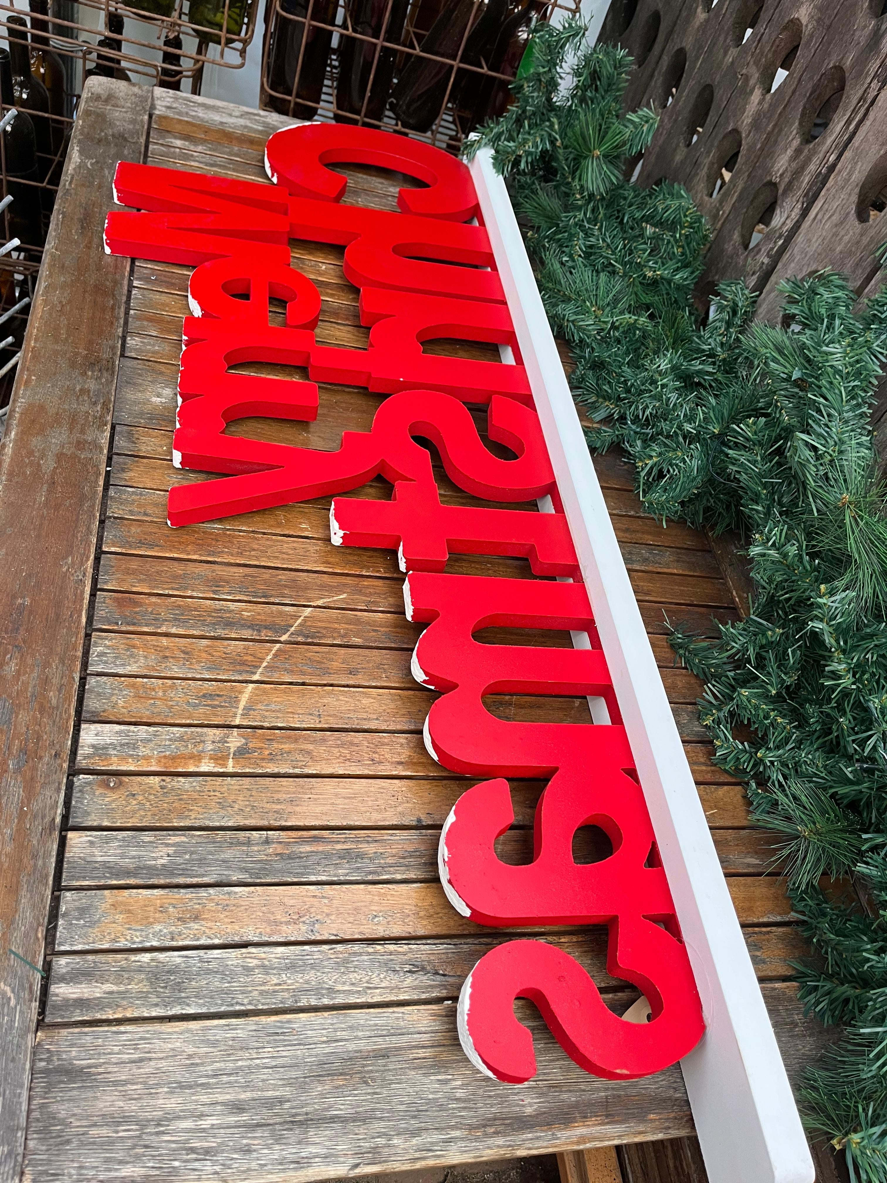 Groot houten tekst MERRY CHRISTMAS ROOD - Brocante bij Ingie