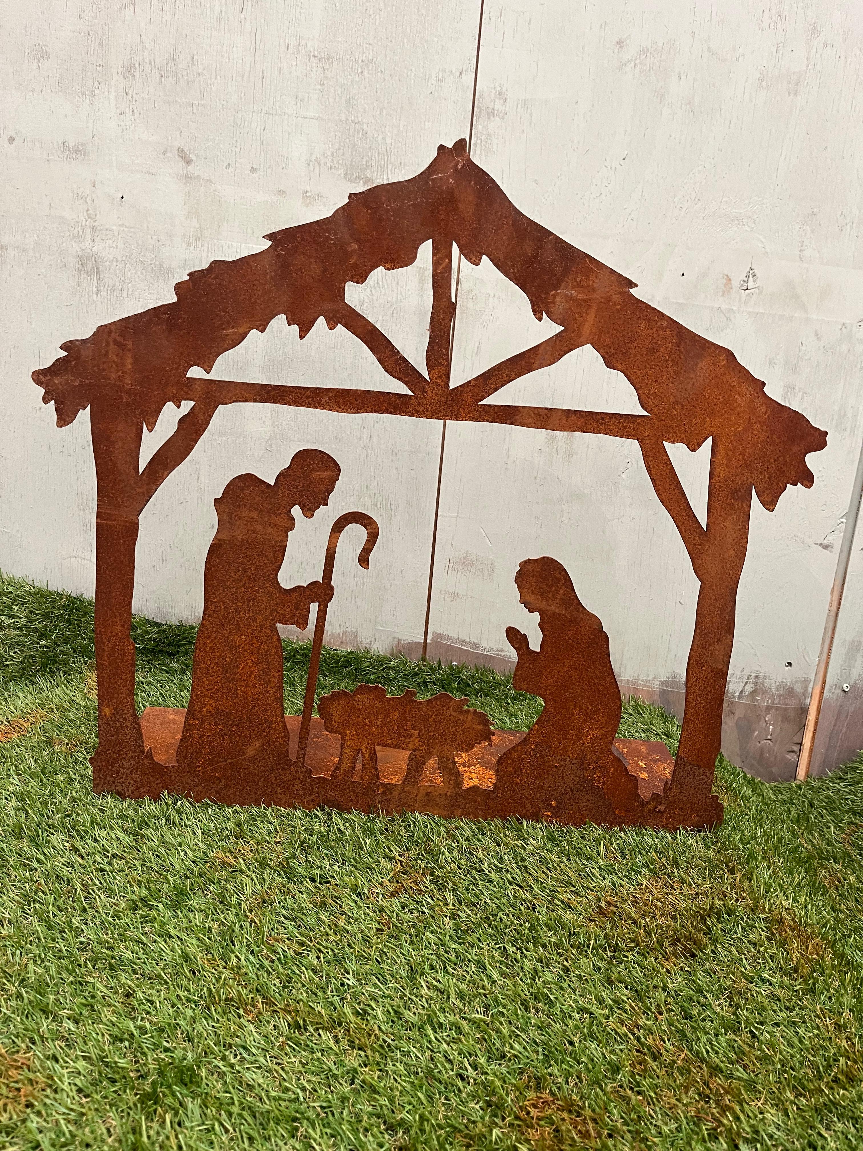 Kerststal / kerst stal groot op plaat van eco roest - Brocante bij Ingie