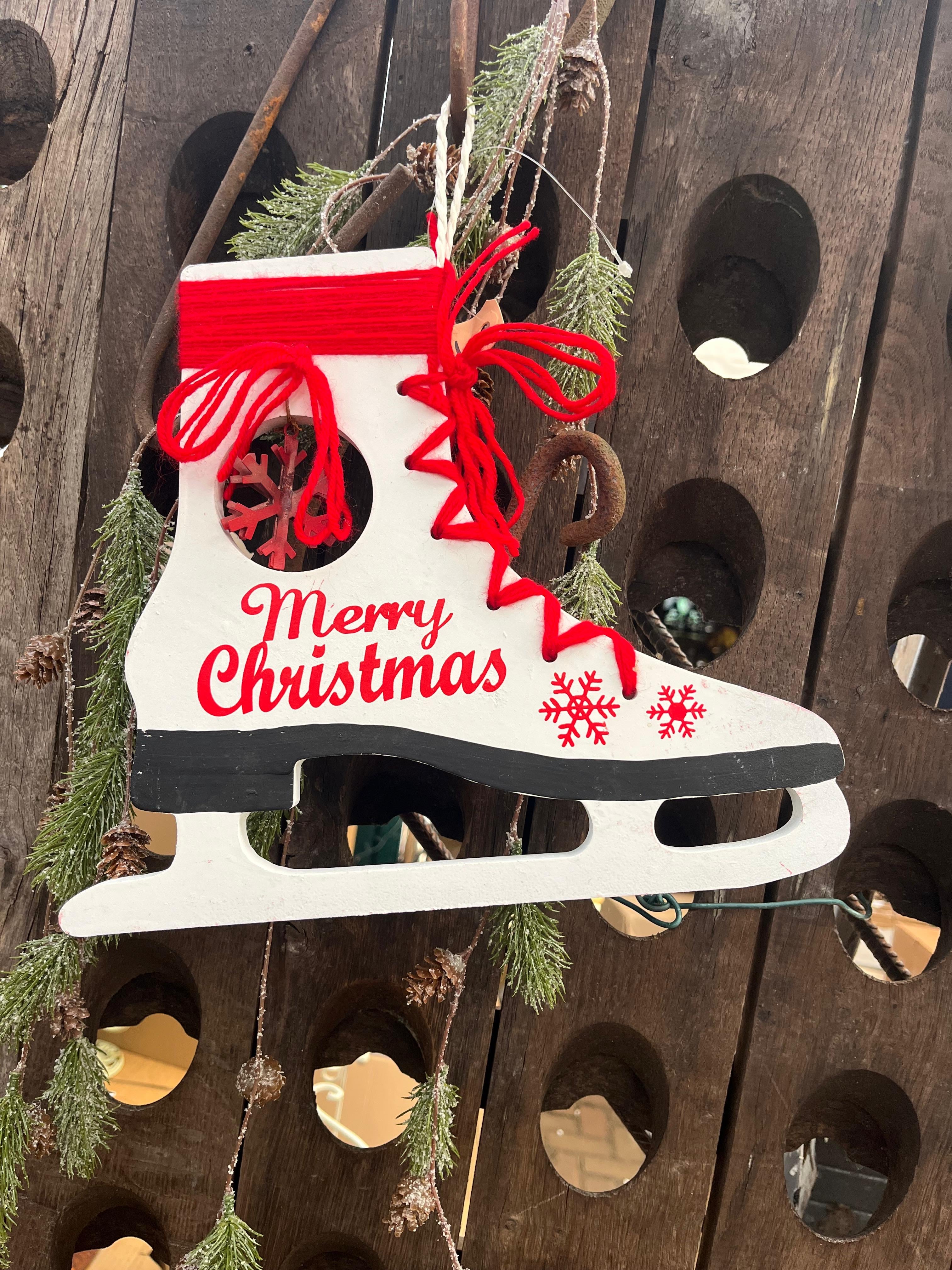 Witte schaats met tekst merry christmas - Brocante bij Ingie