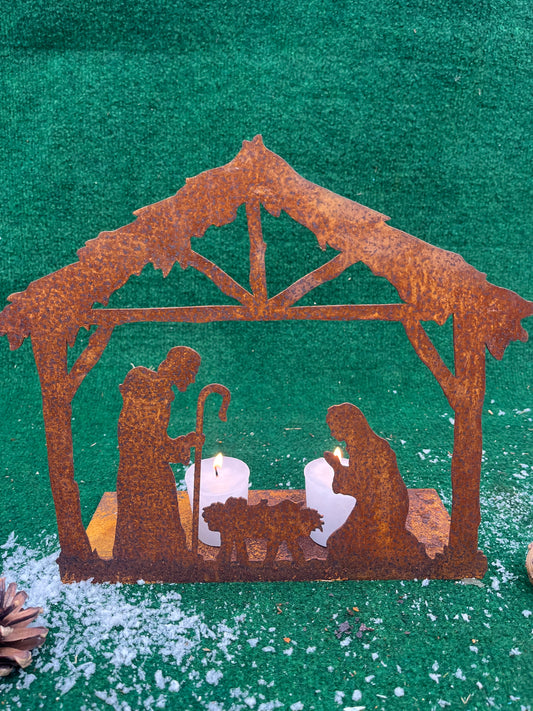 prachtige Kerststal / kerst stal op plaat in eco-roest - Brocante bij Ingie