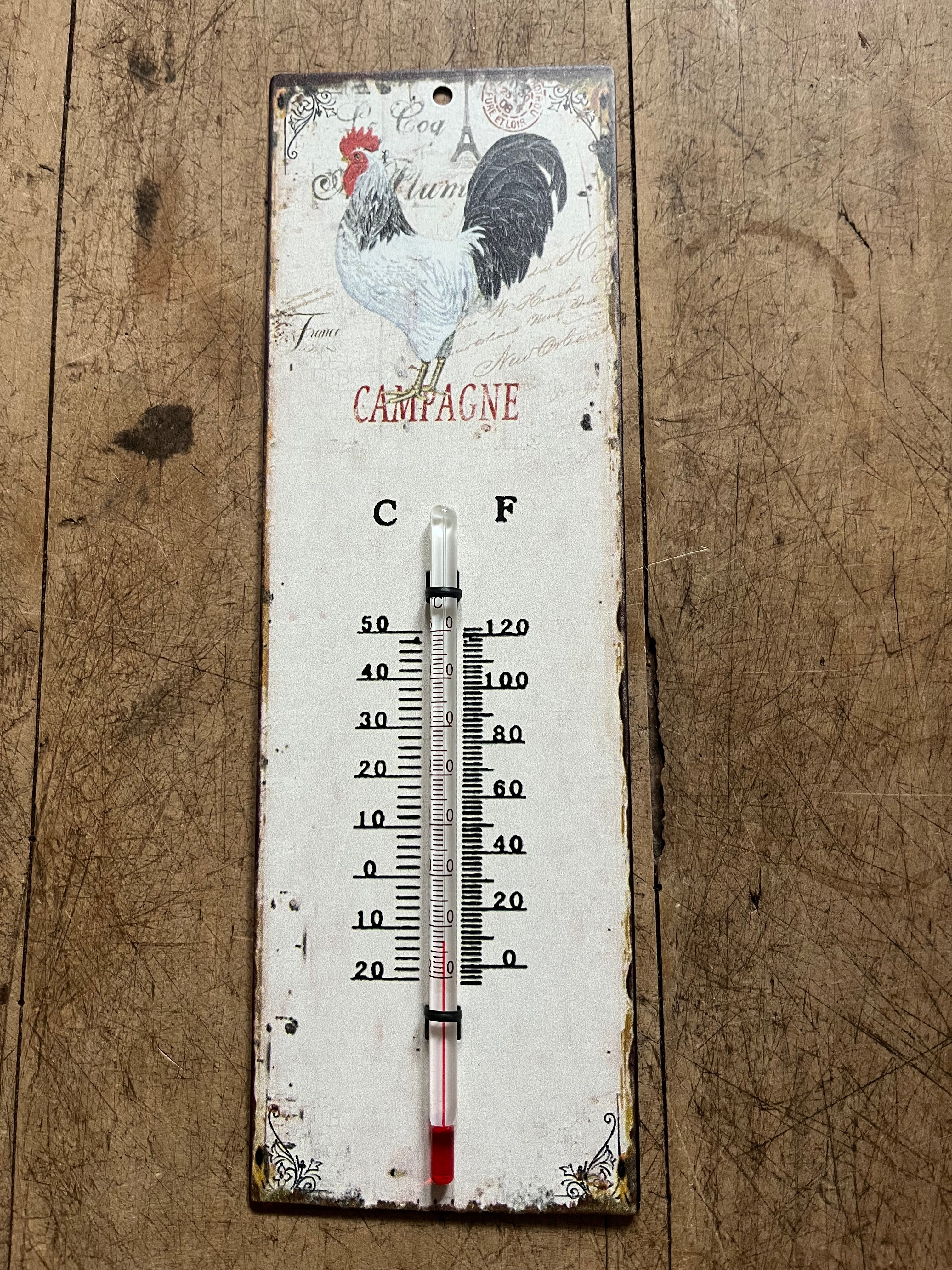 Thermometer metaal ; haan Campagne - Brocante bij Ingie