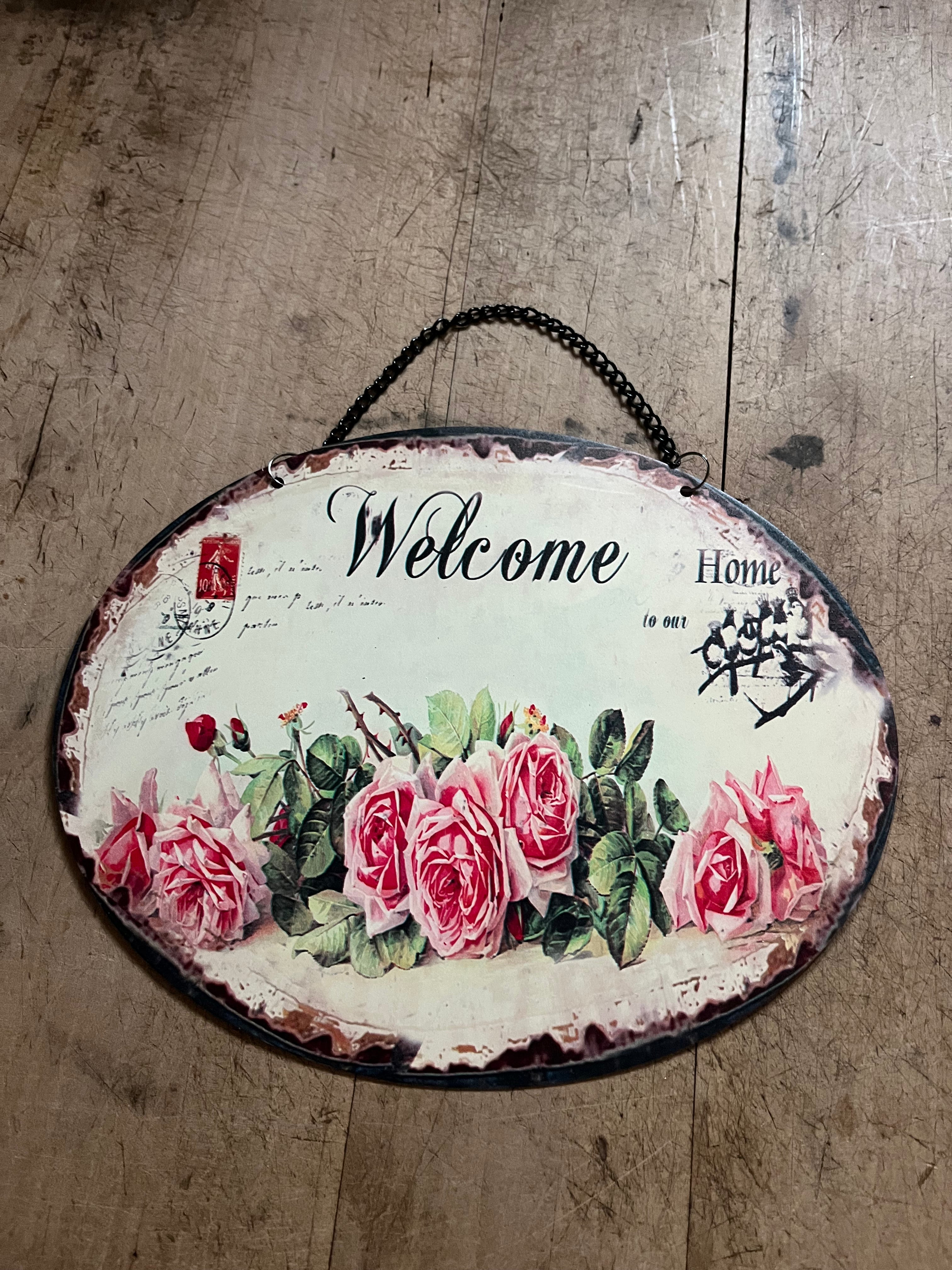 Tekstbord metaal; Welcome to our Home - Brocante bij Ingie