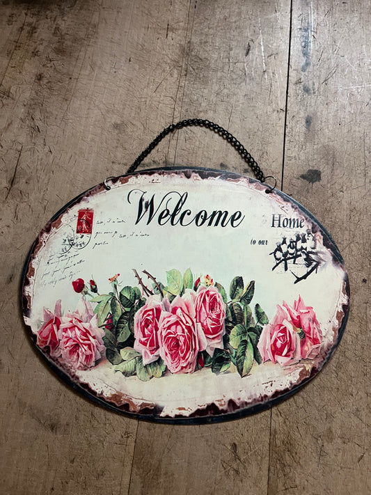 Tekstbord metaal; Welcome to our Home - Brocante bij Ingie