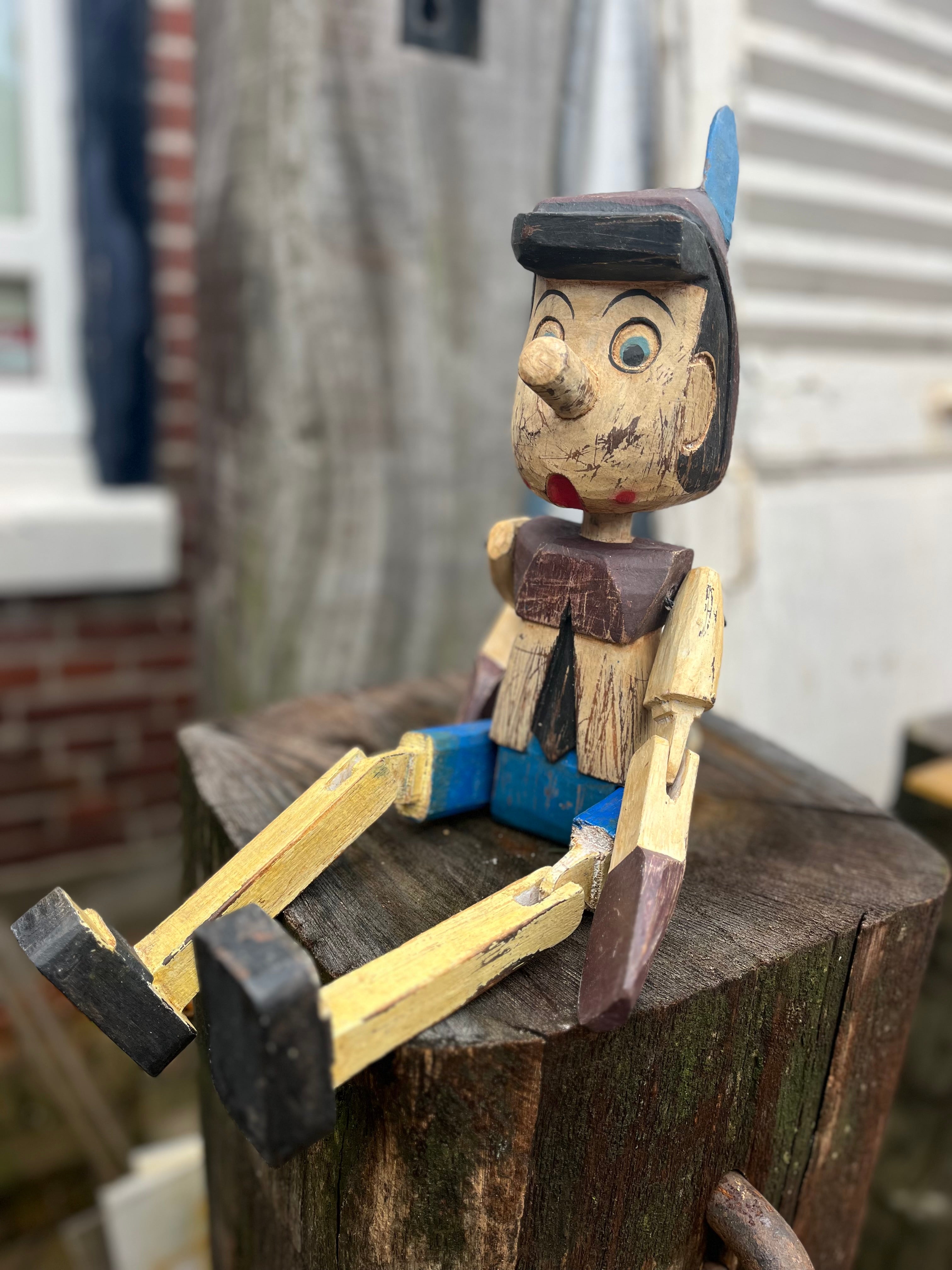handgeschilderde houten Pinocchio middel - Brocante bij Ingie