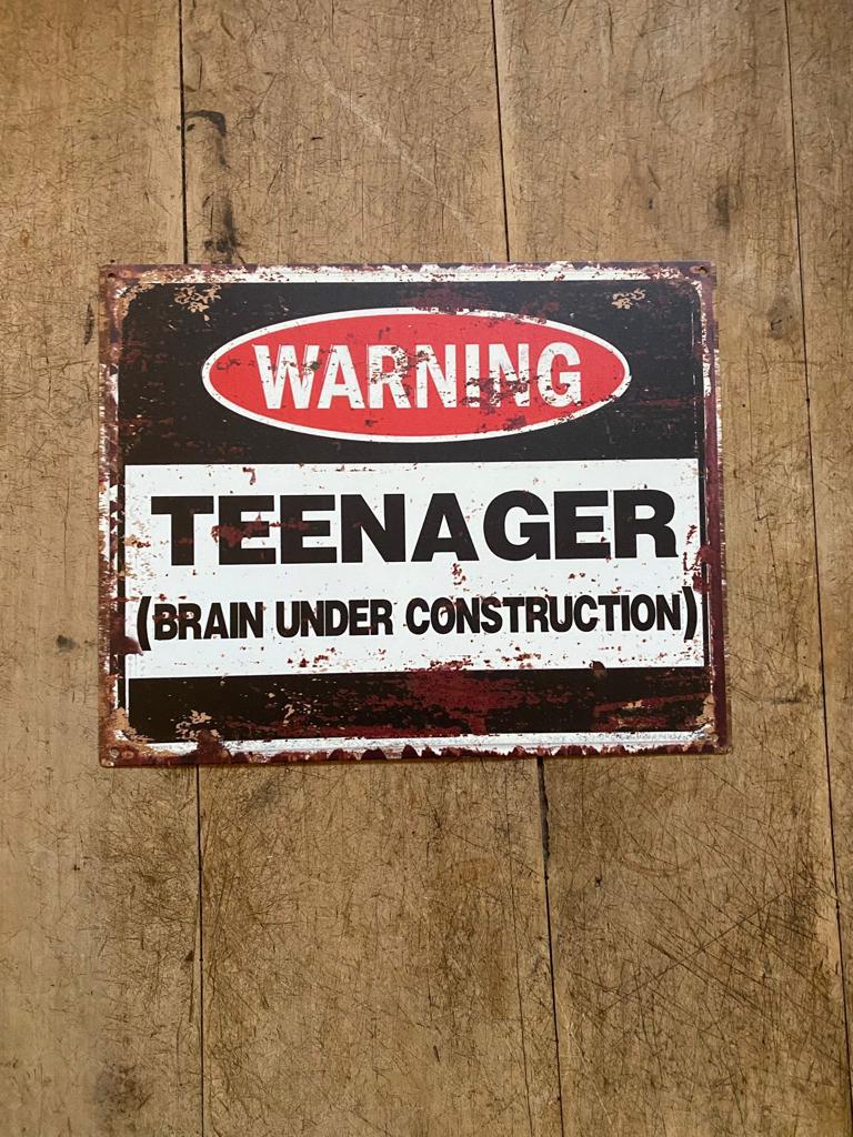 Tekstbord metaal humor; WARNING TEENAGER - Brocante bij Ingie