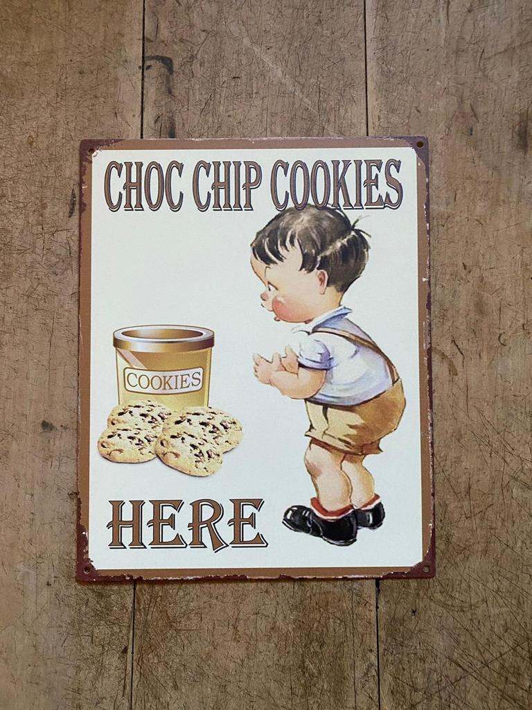 Tekstbord metaal humor; CHOC CHIP COOKIES - Brocante bij Ingie