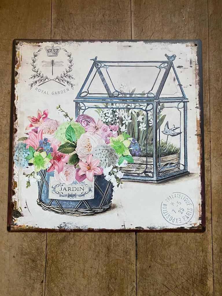 Tekstbord metaal; JARDIN/ROYAL GARDEN - Brocante bij Ingie