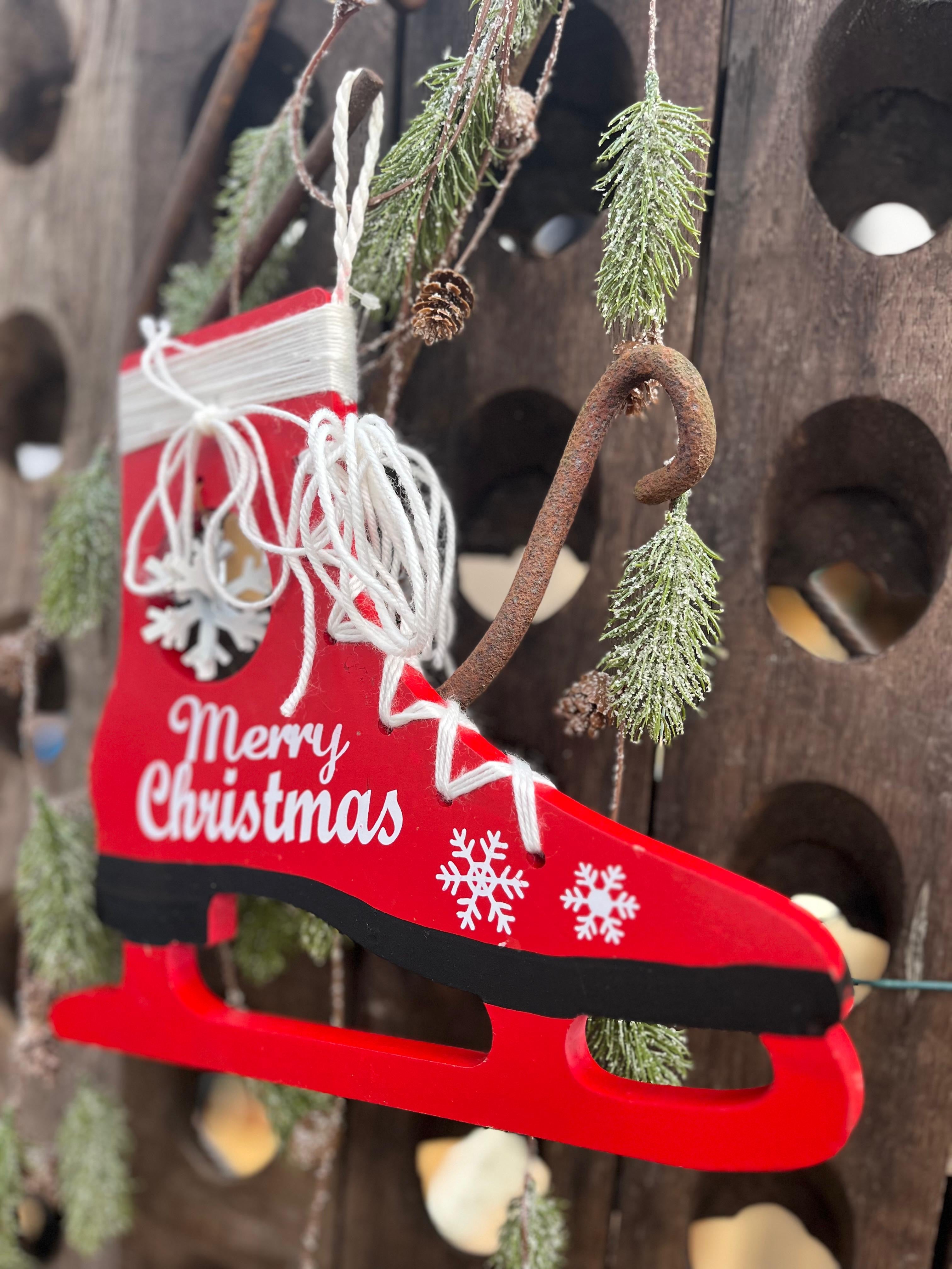 Rode schaats met tekst merry christmas - Brocante bij Ingie