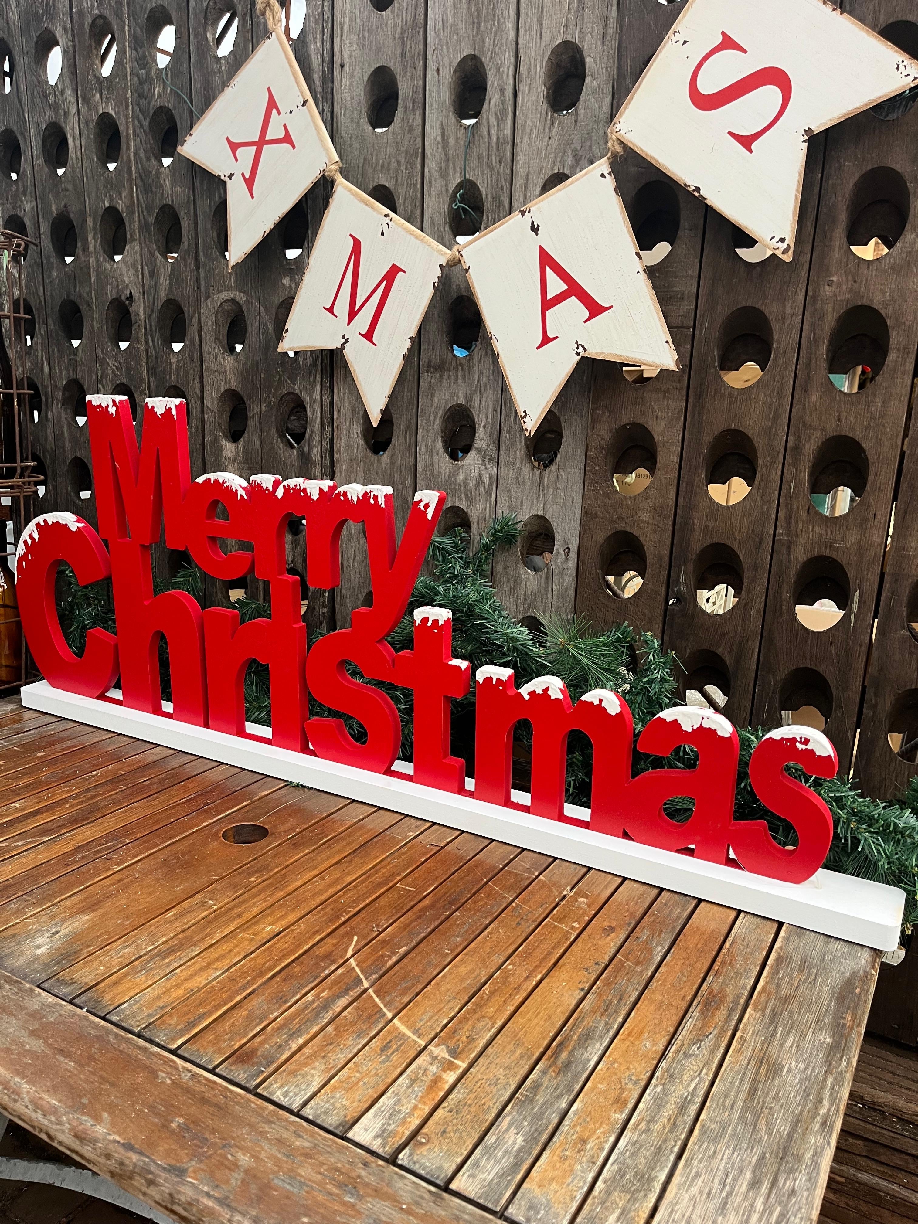 Groot houten tekst MERRY CHRISTMAS ROOD - Brocante bij Ingie