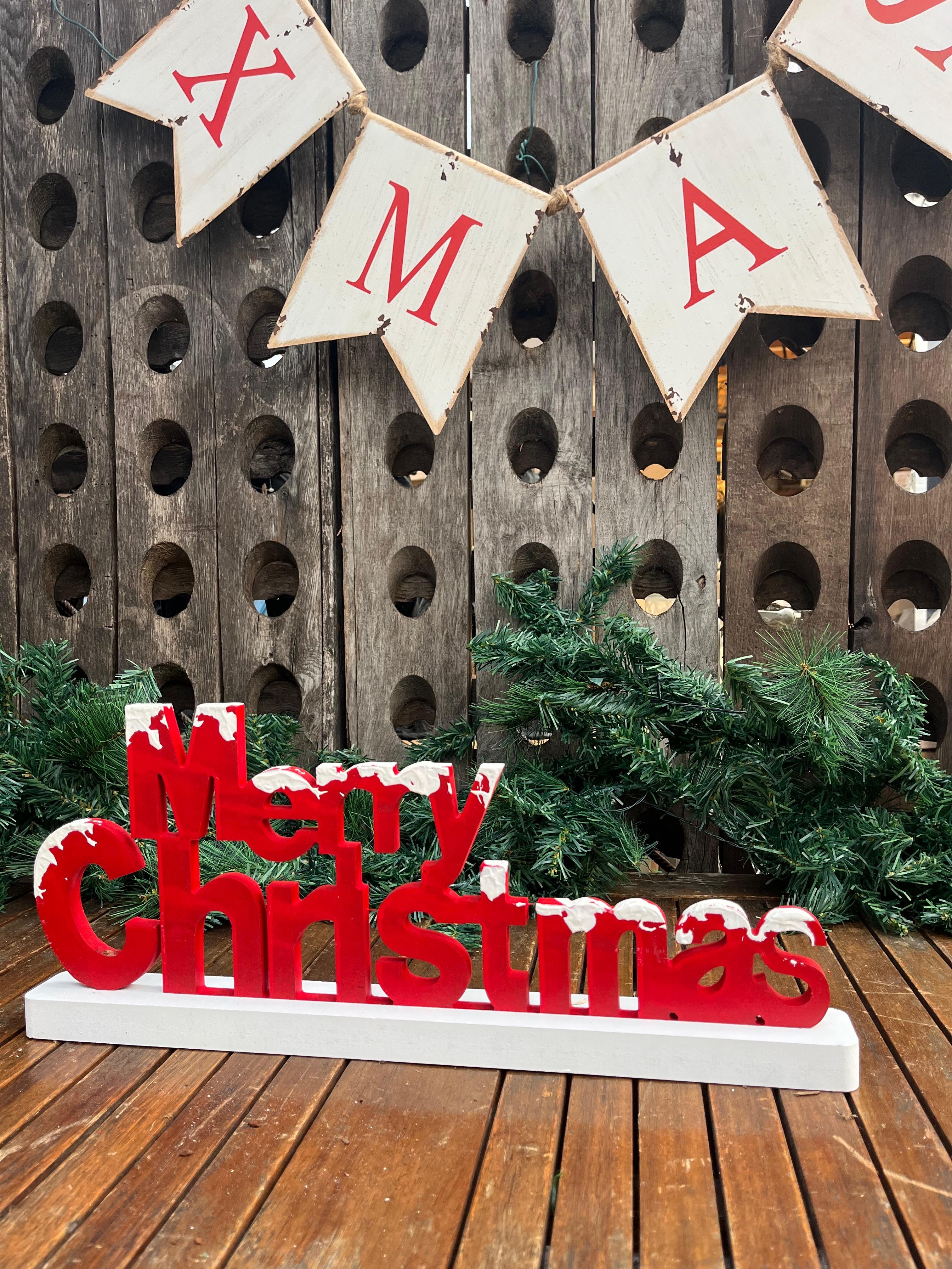 Kleine houten tekst MERRY CHRISTMAS ROOD - Brocante bij Ingie