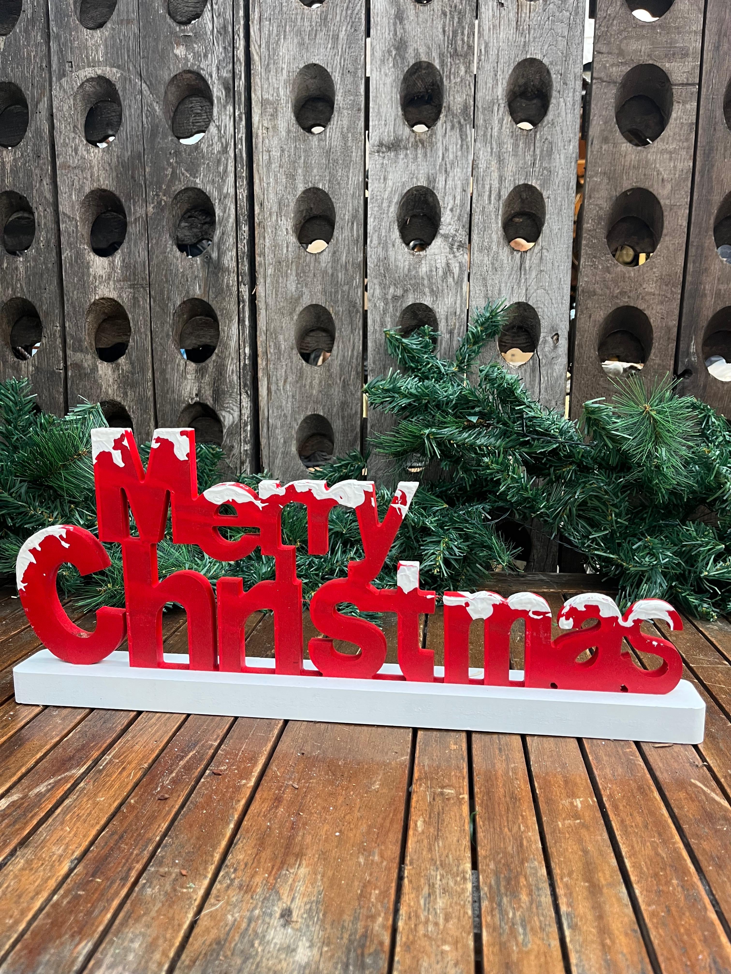 Kleine houten tekst MERRY CHRISTMAS ROOD - Brocante bij Ingie