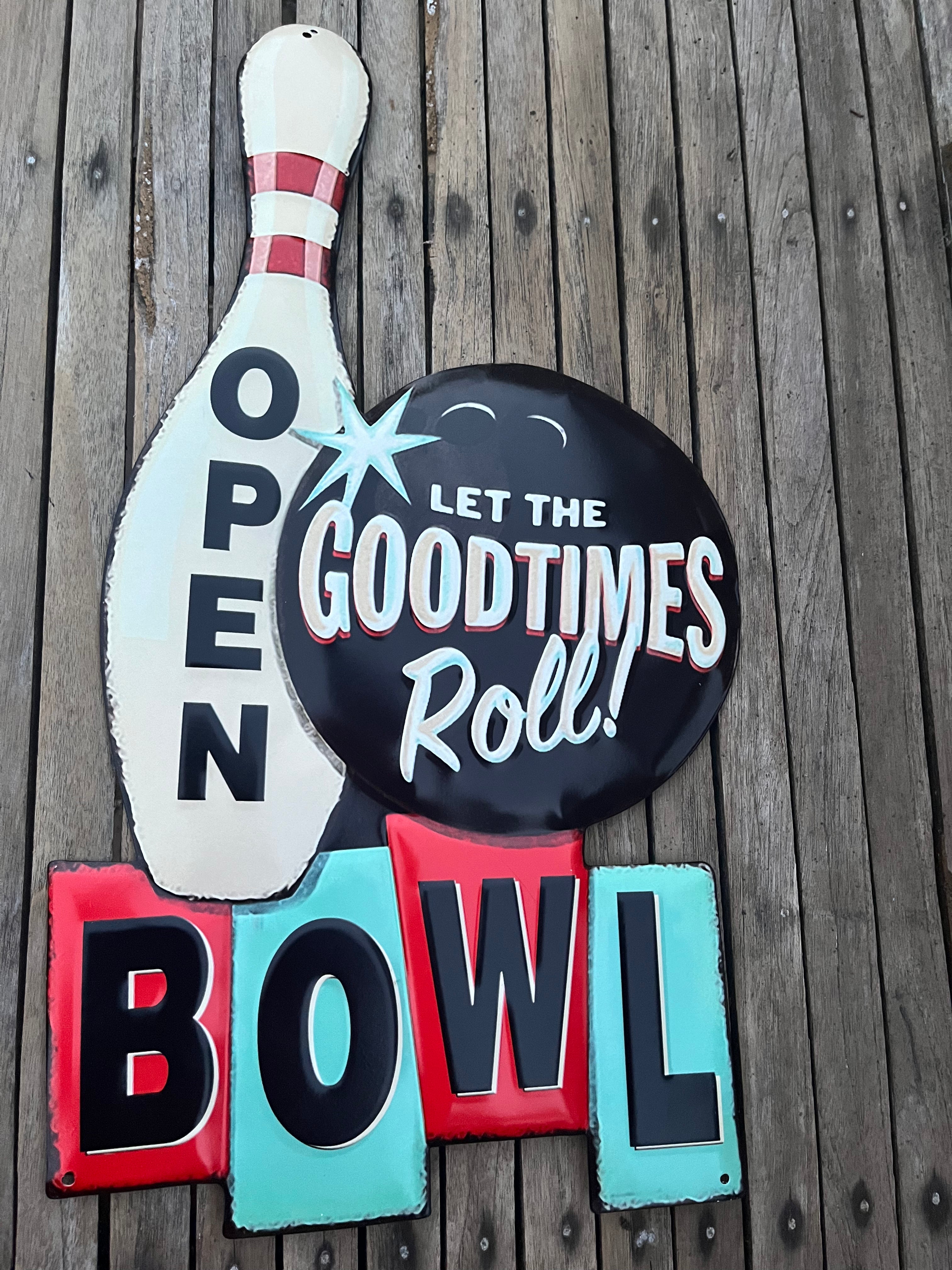 groot tekstbord metaal; OPEN BOWL - Brocante bij Ingie