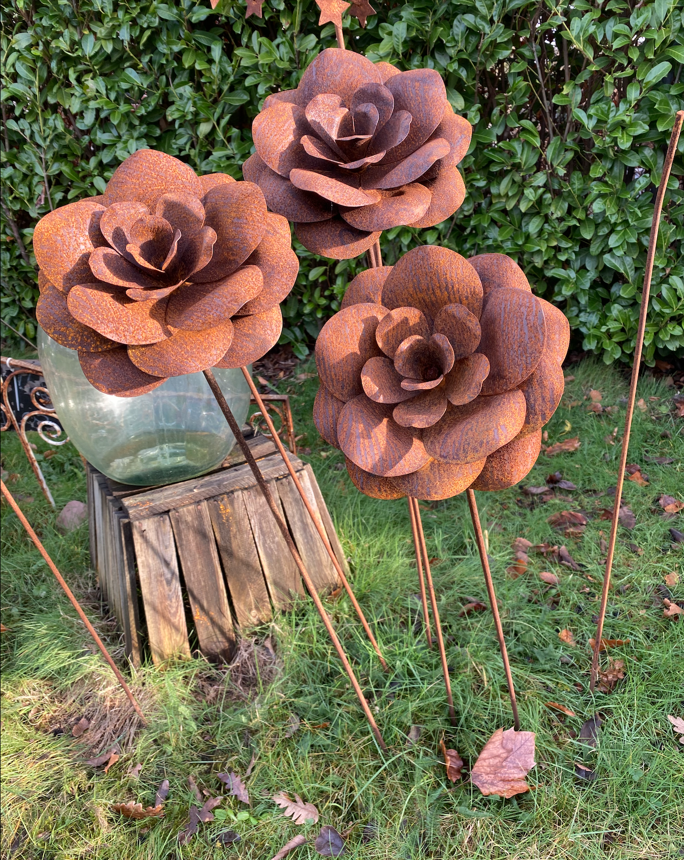 Set van 3 Roest bloemen Roos op tuinsteker - Klein - Brocante bij Ingie