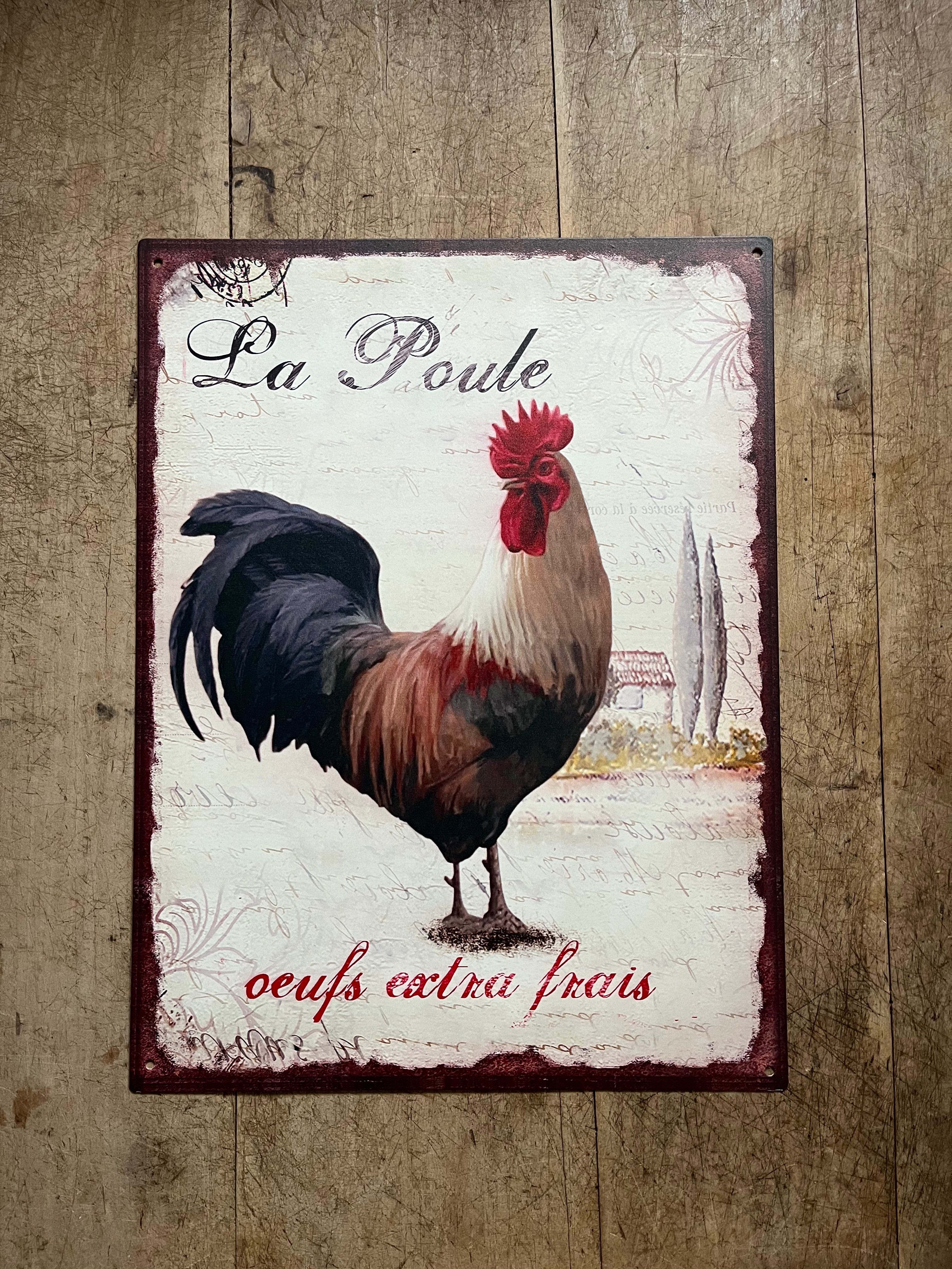 tekstbord metaal;  LA POULE, DE KIP, VERSE EIEREN - Brocante bij Ingie