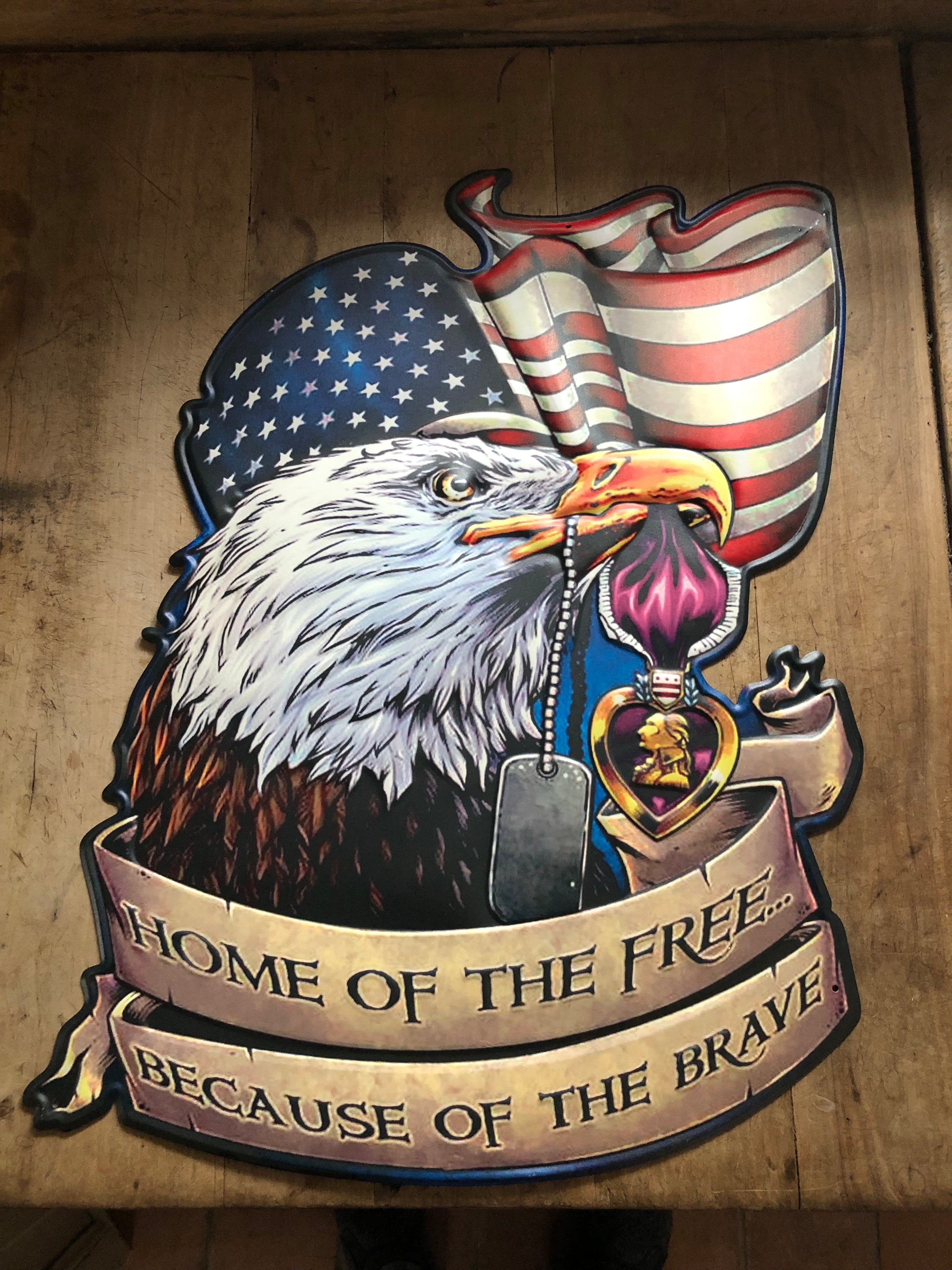 groot reclamebord metaal; AMERICA, HOME OF THE FREE - Brocante bij Ingie