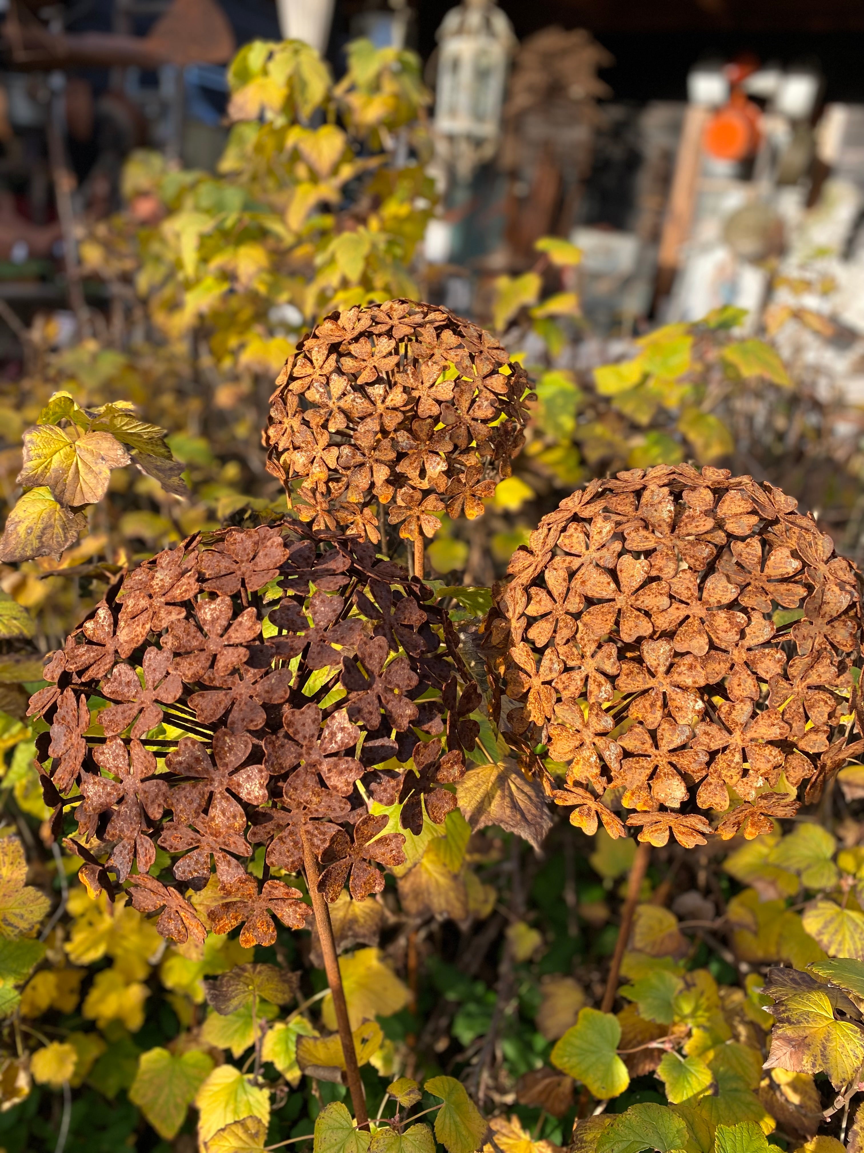 Set van 3 Roest bloemen op tuinsteker -  Hortensia klein - Brocante bij Ingie