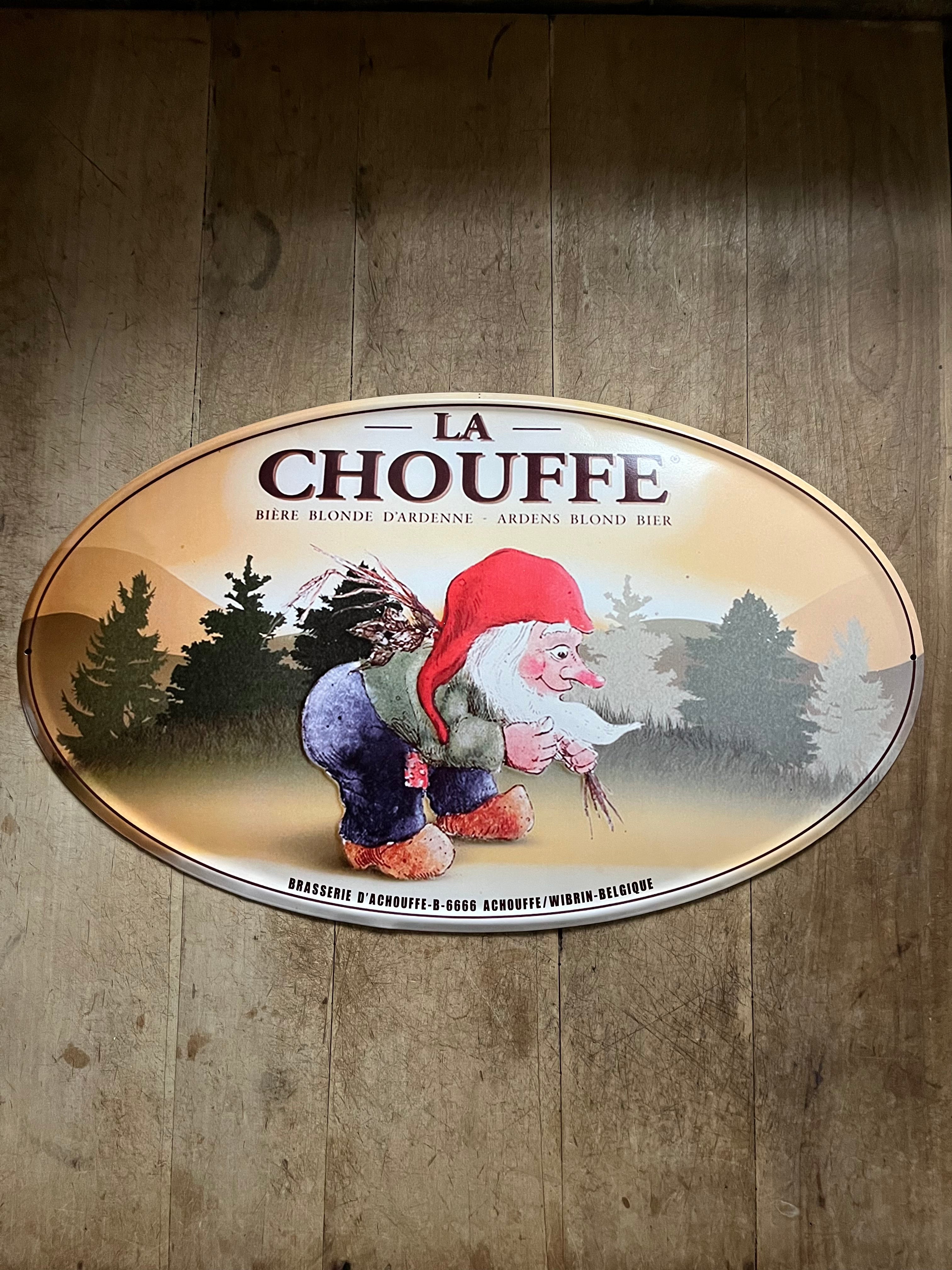 tekstbord metaal met industriële look LA CHOUFFE speciaal bier - Brocante bij Ingie