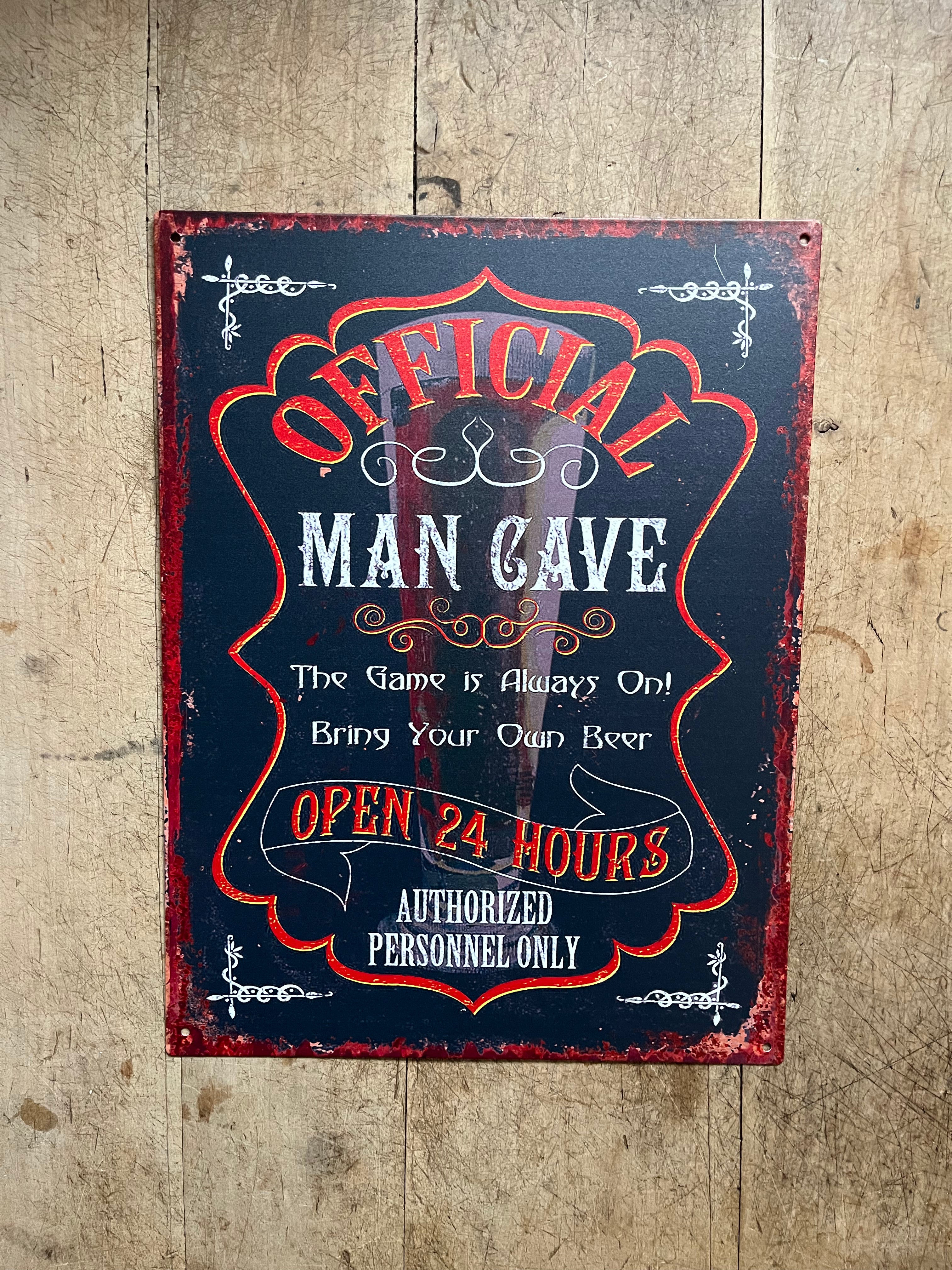 tekstbord metaal humor; MAN CAVE - Brocante bij Ingie