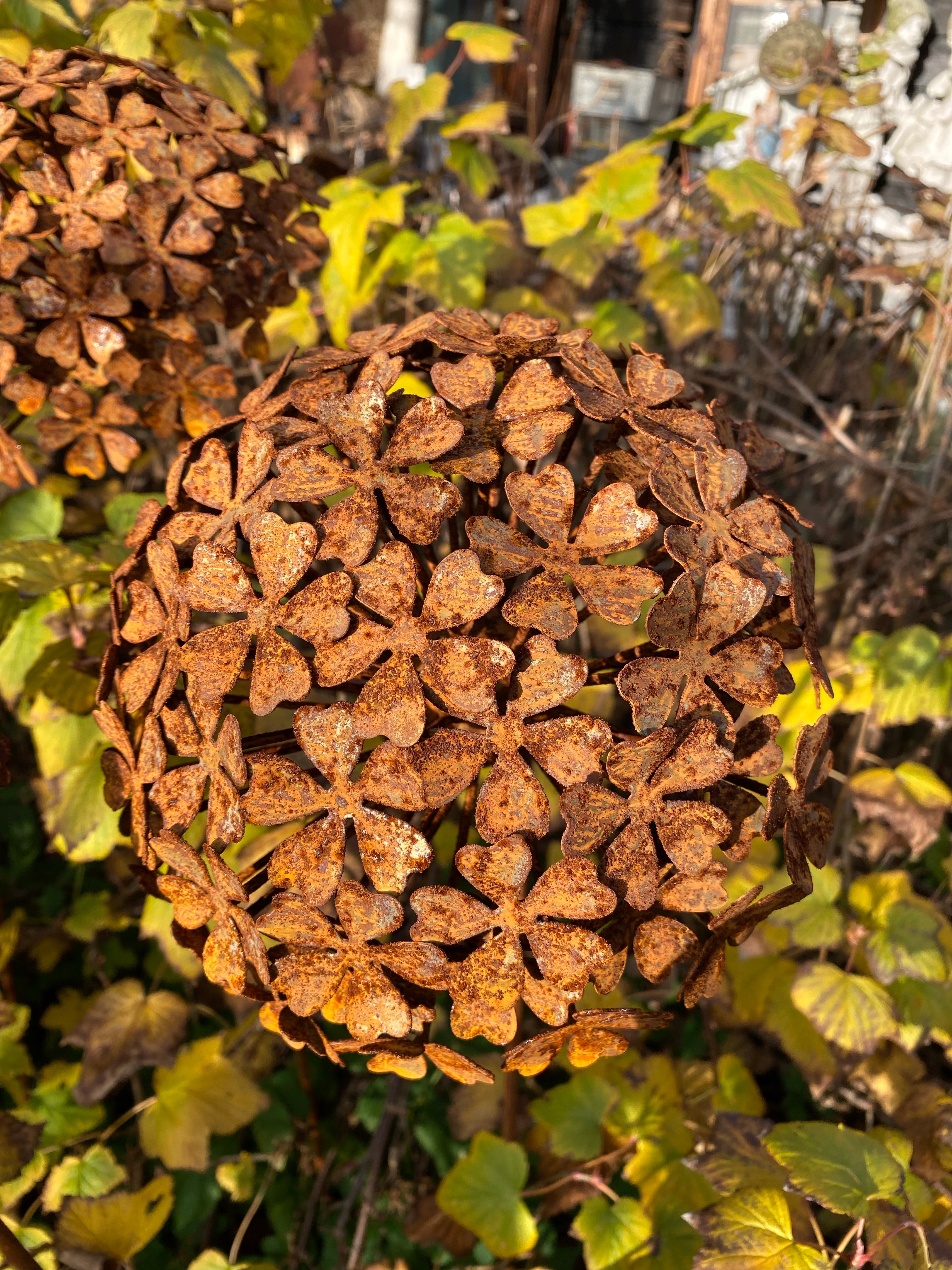 Set van 3 Roest bloemen op tuinsteker -  Hortensia klein - Brocante bij Ingie