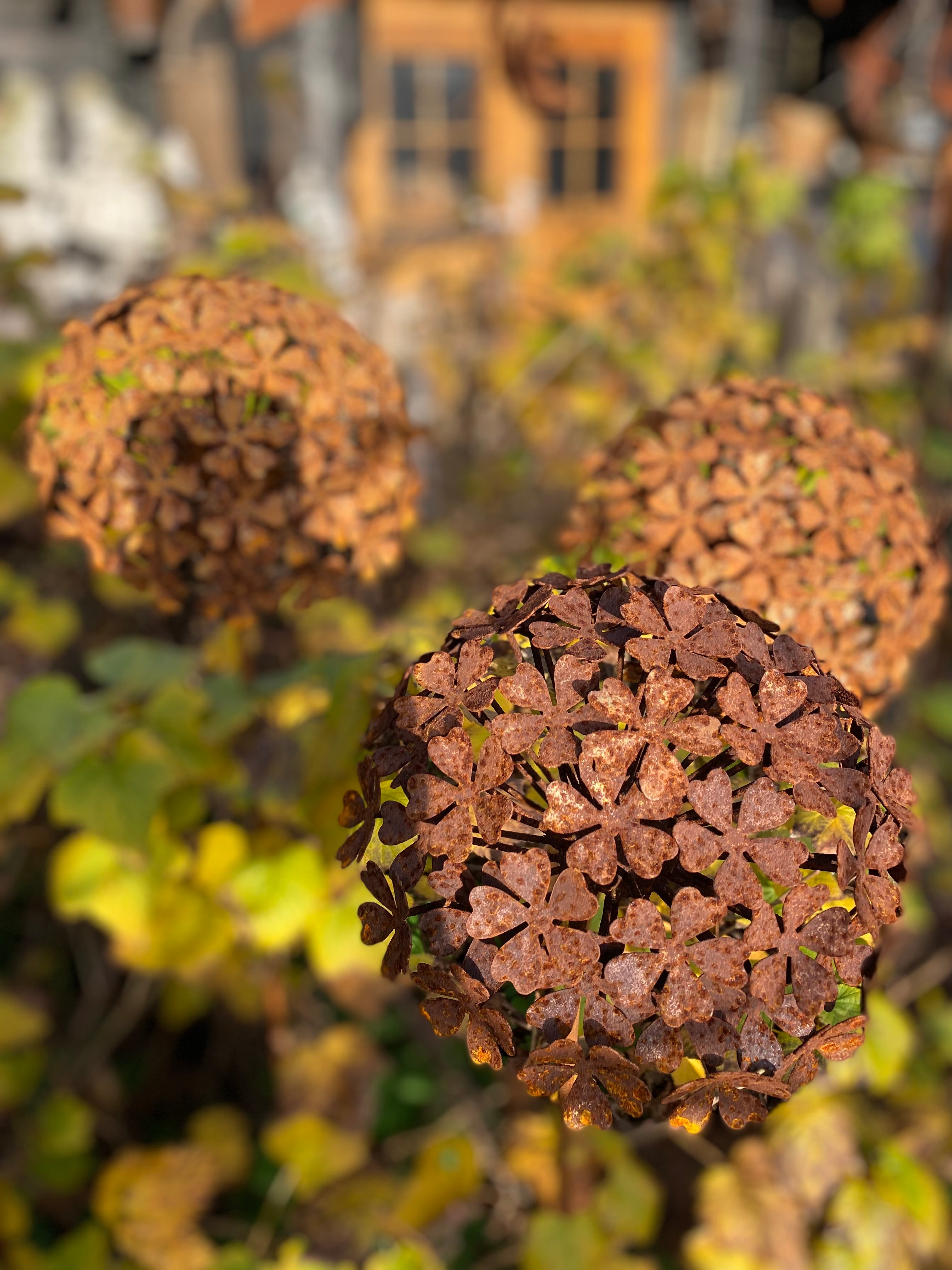 Set van 3 Roest bloemen op tuinsteker -  Hortensia klein - Brocante bij Ingie